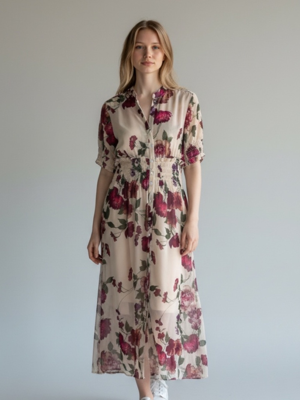 Kate & Lily Floral Maxi Dress Smocked Waist Cream Burgundy Boho Chiffon Size 12